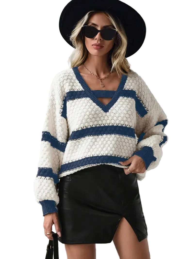 Dames Gestreepte V-Hals Trui