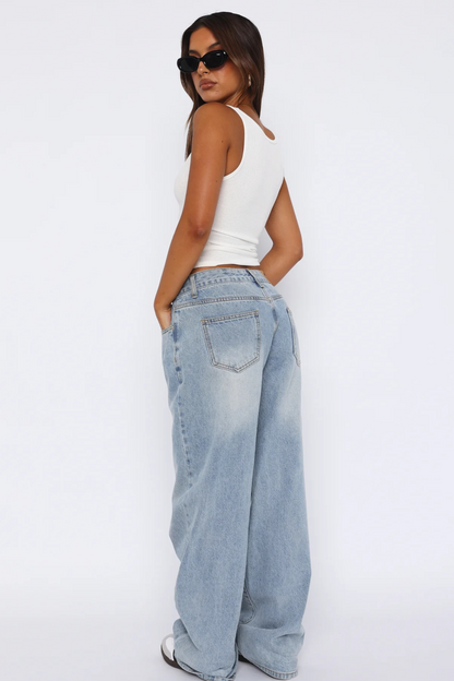 Lichtblauwe jeans met lage taille en wide-leg pasvorm voor dames