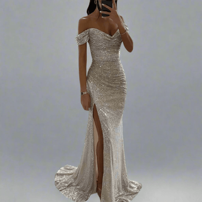 Off-shoulder maxi-jurk met pailletten voor dames