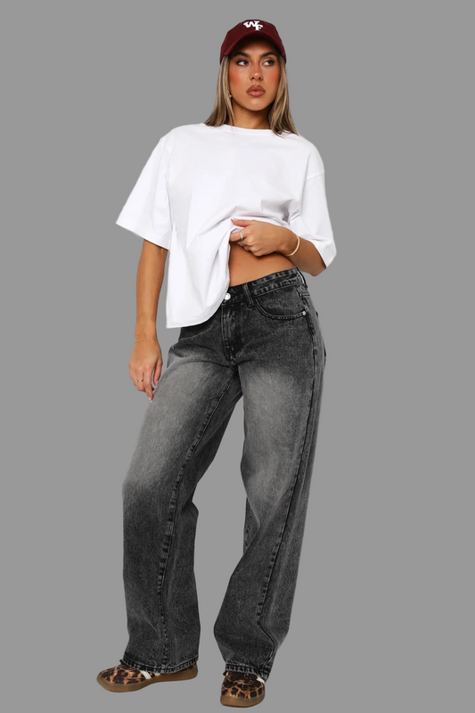 Wide-leg jeans met lage taille in vervaagde grijze denim voor dames